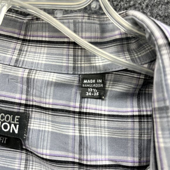 Kenneth Cole Reaction Shirt 17.5 34 35 Gray Plaid Button Up Slim Fit Long Sleeve - Picture 10 of 16
